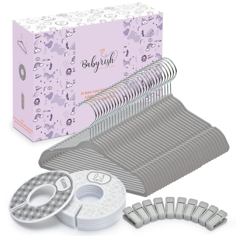 Babyrish Velvet Baby Hangers with 10x Clips and 8X Dividers (30 Pack) | 11â€ Ultra-Slim Baby Clothes Hangers | Non-Slip Felt | Space-Saving Nursery & Infant Closet Organizer | Gray - Image 1